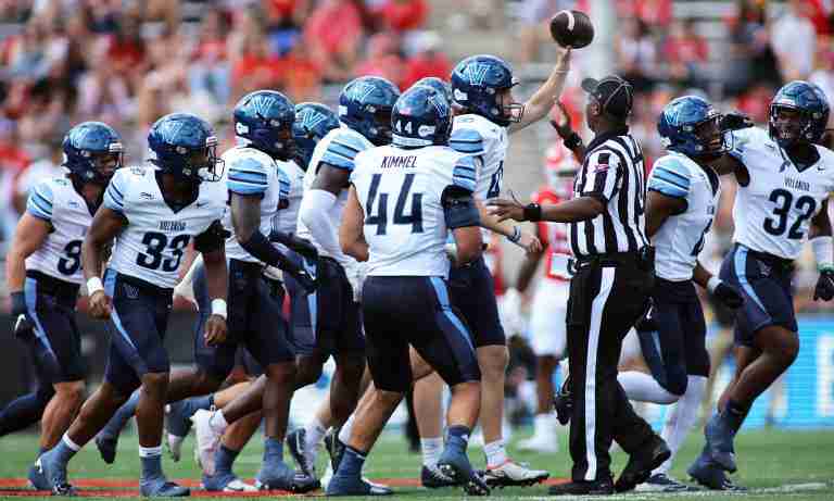 Sep 21, 2024; College Park, Maryland, USA; Villanova Wildcats place kicker Ethan Gettman (45) celebrates with teammates during the third quarter against the Maryland Terrapins at SECU Stadium. Mandatory Credit: Daniel Kucin Jr.-Imagn Images