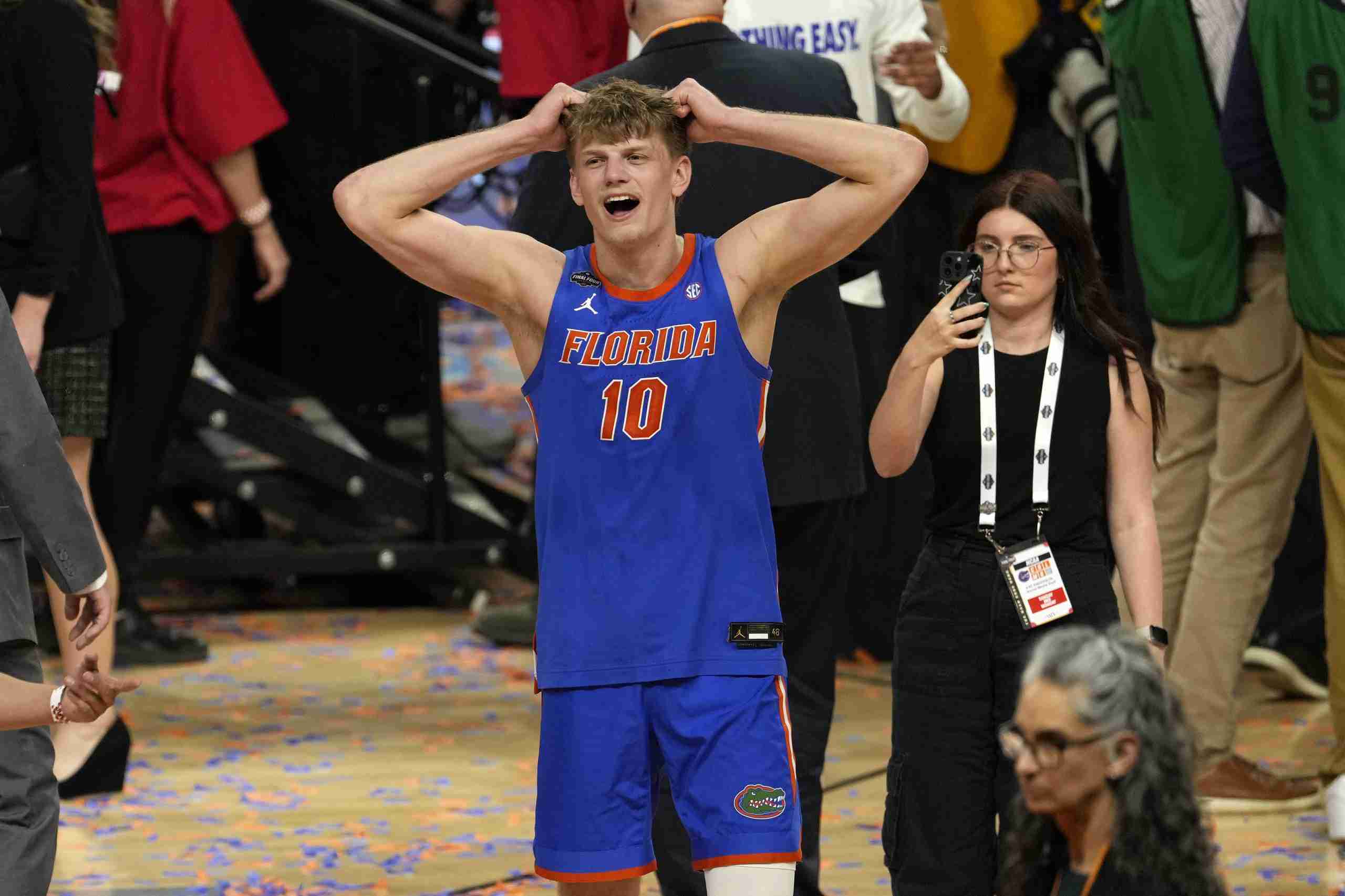 Apr 7, 2025; San Antonio, TX, USA; Florida Gators forward Thomas Haugh (10) reacts after defeating the Houston Cougars in the national championship game of the Final Four of the 2025 NCAA Tournament at the Alamodome.Mandatory Credit: Scott Wachter-Imagn Images